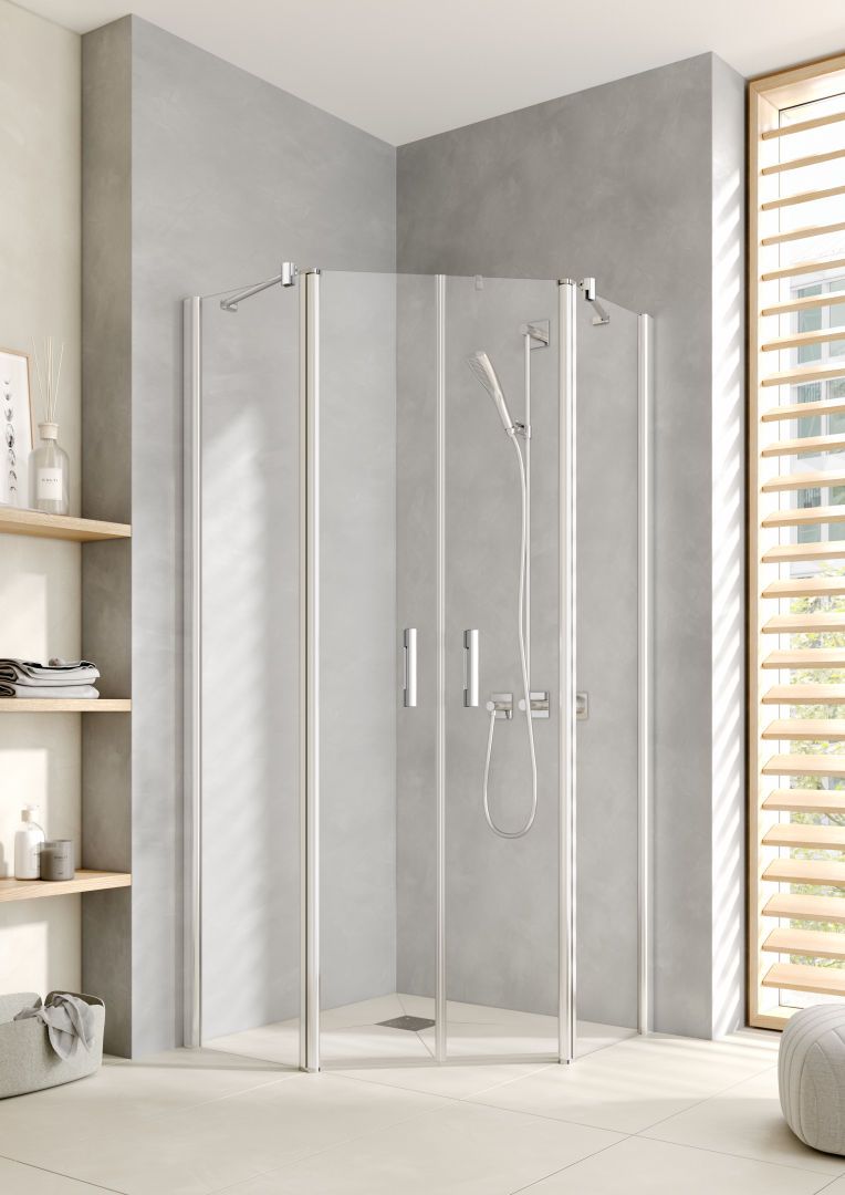Kermi Fünfeck-Duschkabine Pega Pendeltüren mit Festfeldern 90 x 200 cm, silber hochglanz ESG SR Opaco