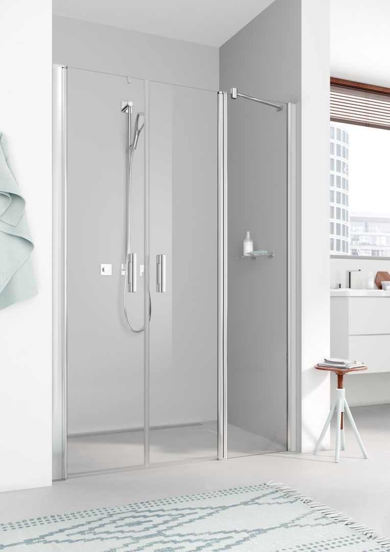 Kermi Pendeltür Pega mit Festfeld 120 x 185 cm, silber hochglanz ESG SR Arena C, links, auf Duschwanne
