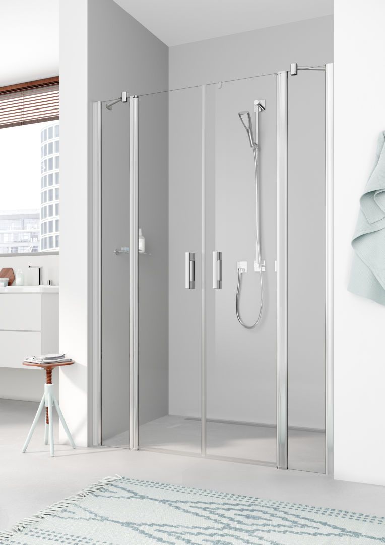 Kermi Pendeltür Pega mit Festfeldern 140 x 185 cm, silber hochglanz ESG SR Opaco, auf Duschwanne