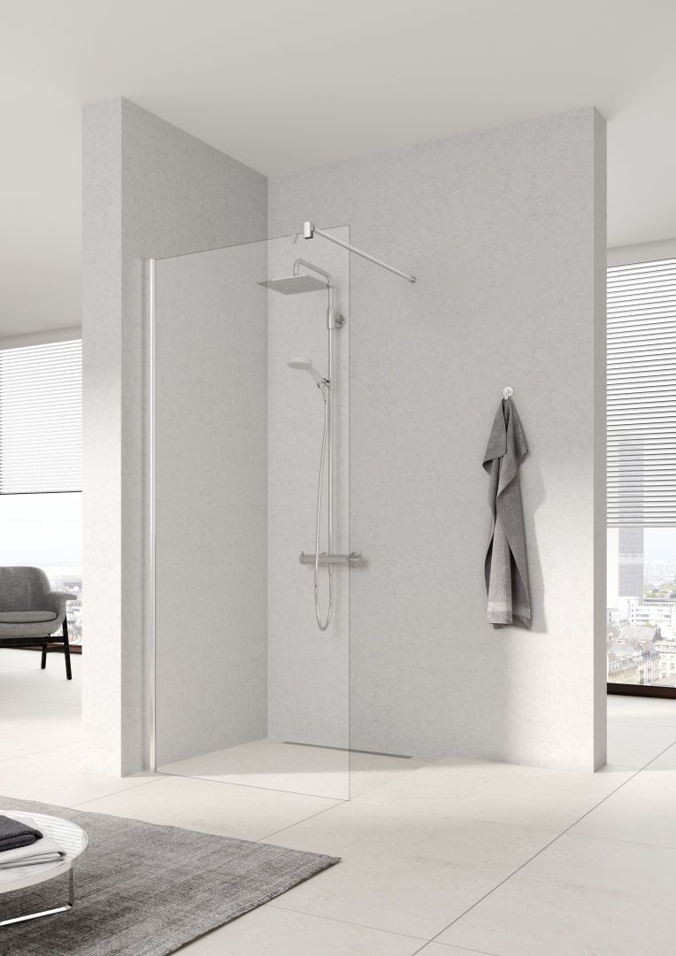 Kermi Seitenwand Walk-In Pega 80 x 200 cm, silber hochglanz ESG klar Dekor Stripe 4, 90Grad Stabilisierung