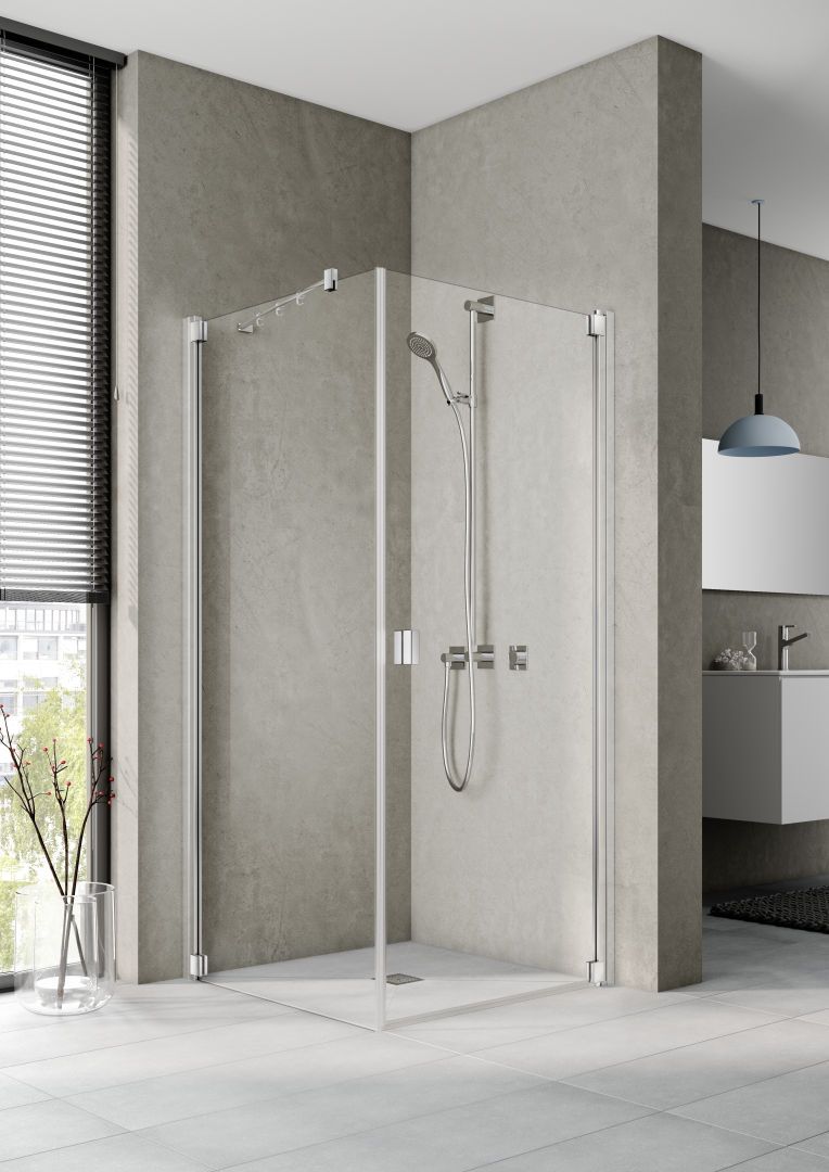 Kermi Pendeltür Raya 1-flügelig 75 x 200 cm, silber hochglanz, ESG klar Dekor Stripe 4 Clean, rechts, auf Duschwanne