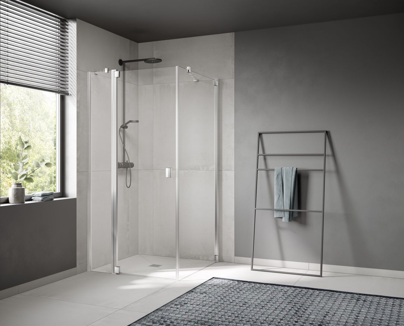 Kermi Pendeltür Raya 1-flügelig mit Festfeld 90 x 200 cm, silber mattglanz, ESG klar Dekor Stripe 4, links, auf Duschwanne