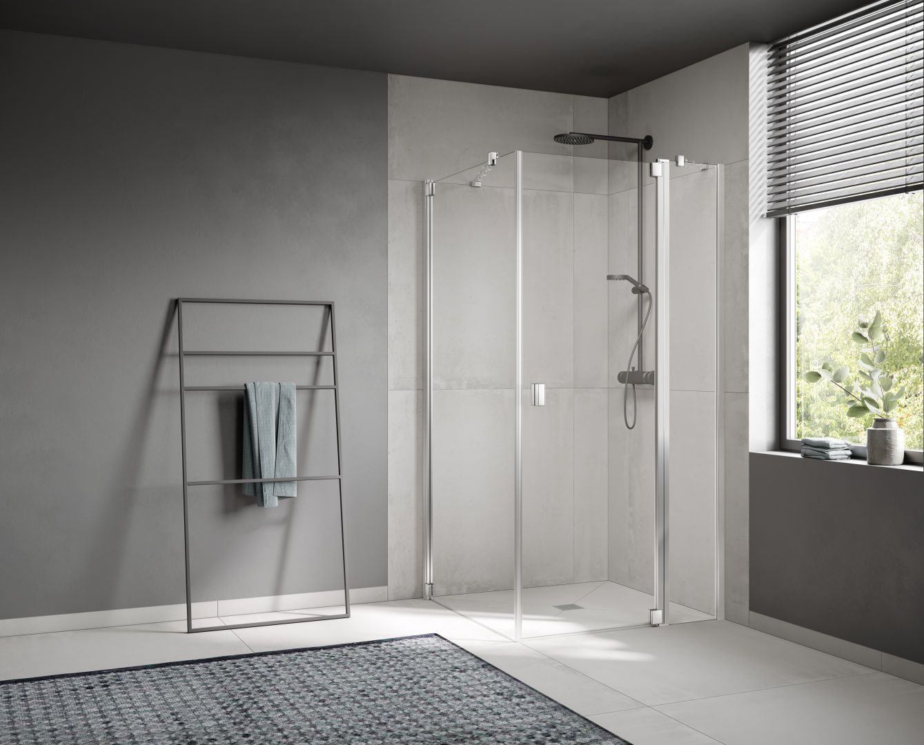 Kermi Pendeltür Raya 1-flügelig mit Festfeld 78 x 200 cm, silber mattglanz, ESG klar Dekor Stripe 4 Clean, rechts, auf Duschplatz