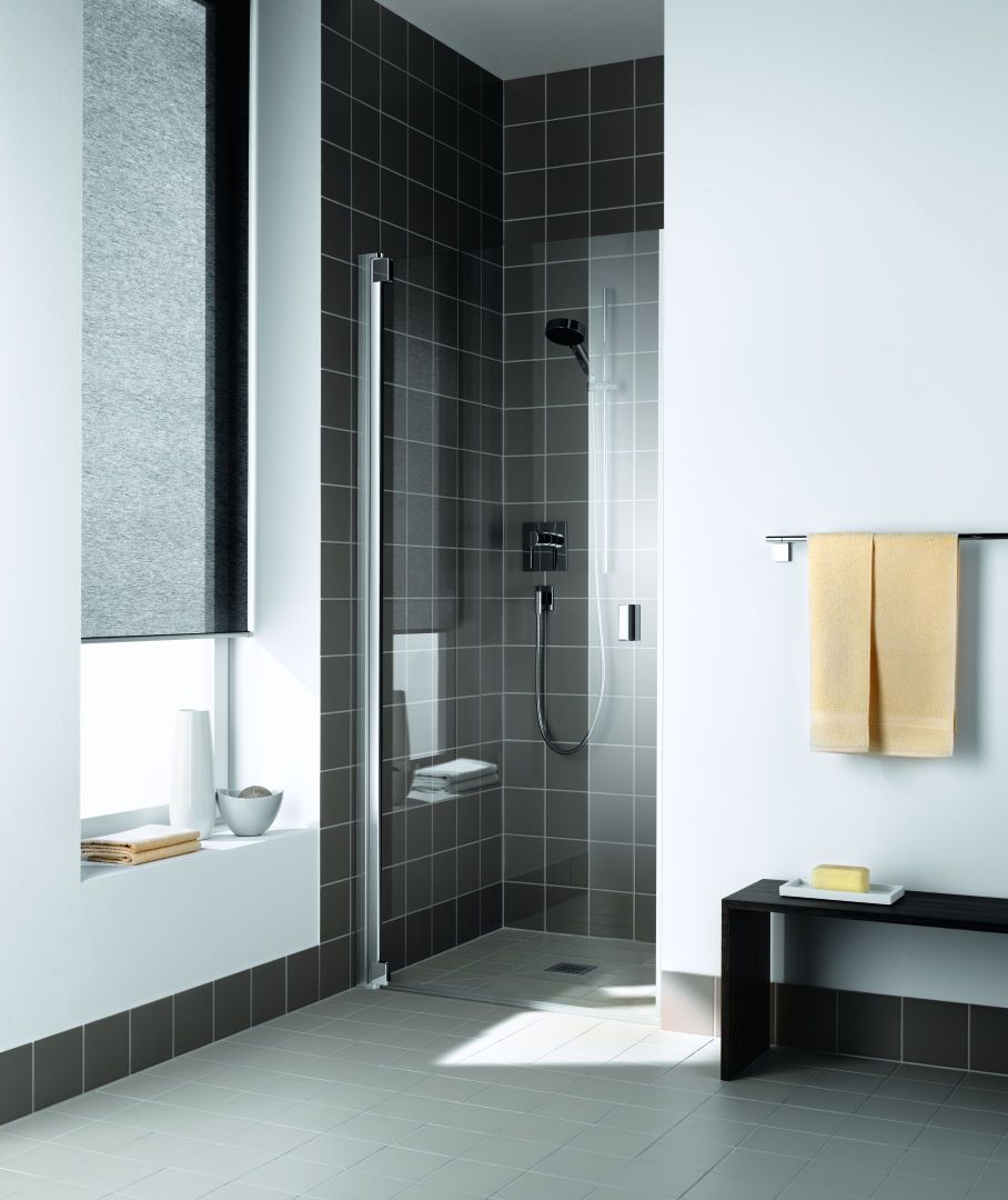 Kermi Pendeltür Raya 1-flügelig in Nische 100 x 200 cm, silber hochglanz, ESG klar Dekor Stripe 4, links