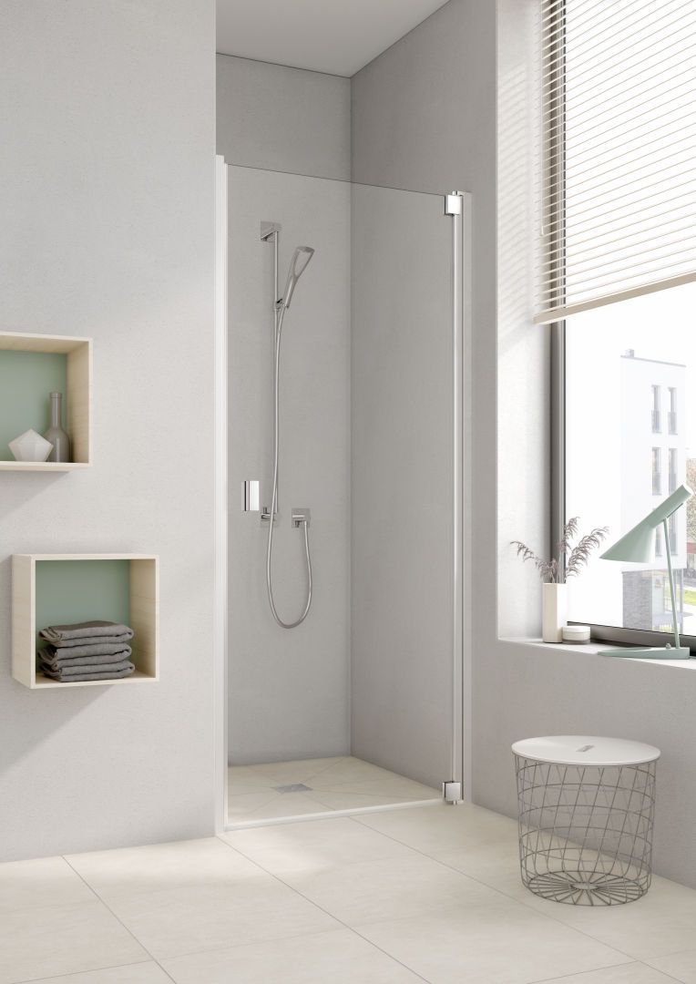 Kermi Pendeltür Raya 1-flügelig 98 x 200 cm, silber hochglanz, ESG klar Dekor Stripe 4 Clean, rechts, auf Duschwanne