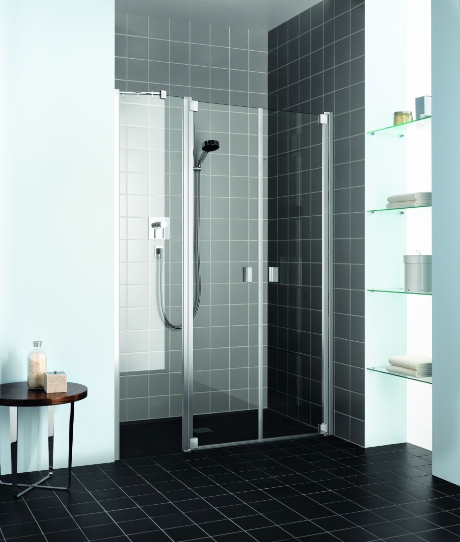 Kermi Pendeltür Raya mit Festfeld 120 x 200 cm, silber hochglanz, ESG SR OpacoClean, rechts, auf Duschwanne