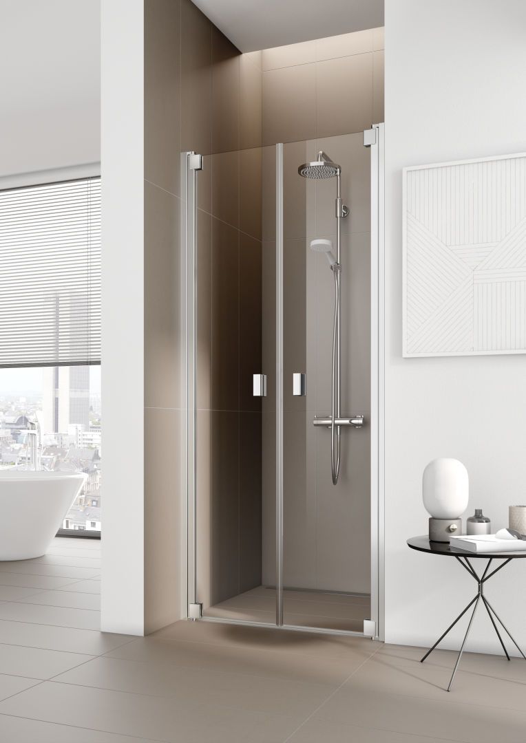 Kermi Pendeltür Raya 110 x 200 cm, silber hochglanz, ESG klar Dekor Stripe 4 Clean, auf Duschwanne