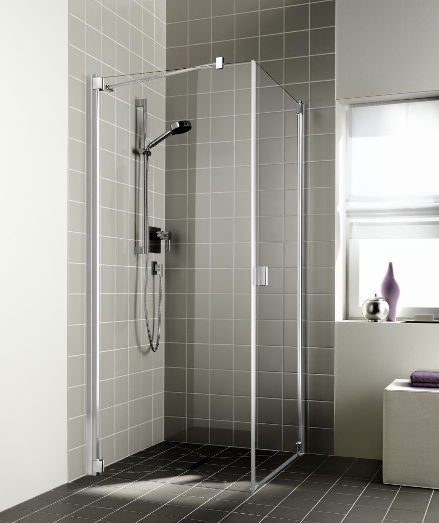 Kermi Seitenwand Raya 93 x 200 cm, silber mattglanz, ESG klar Dekor Stripe 4 Clean, links, auf Duschplatz
