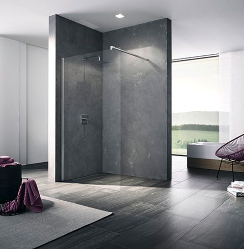 Kermi Glasanlage Walk-In XB 128-130 x 200 cm, silber mattglanz, ESG klar Stripe 2 Clean, 90Grad Stabilisierung rechteckig