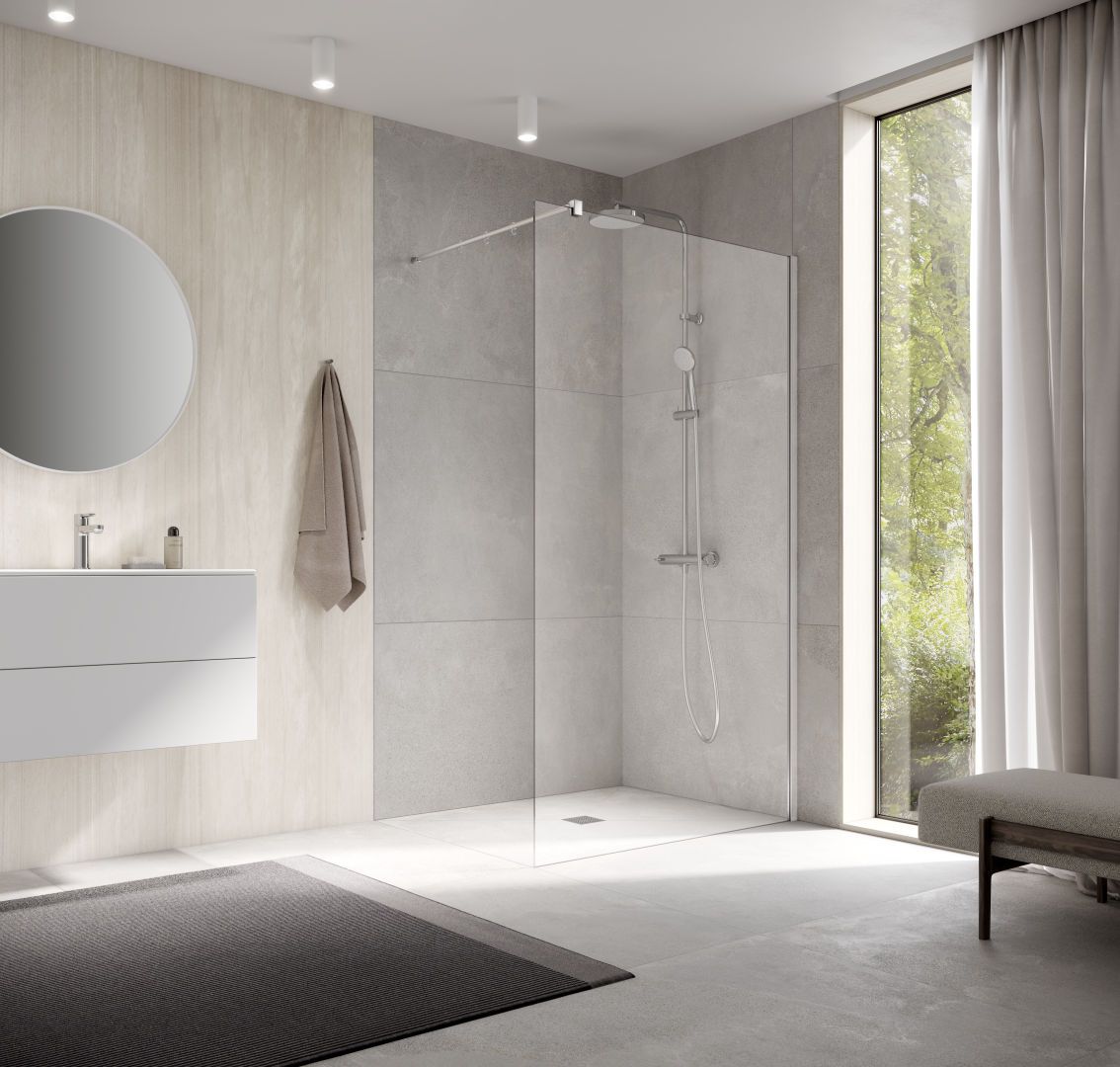 Kermi Glasanlage Walk-In XB 98-100 x 200 cm, silber mattglanz, ESG klar Stripe 2 Clean, 90Grad Stabilisierung rund