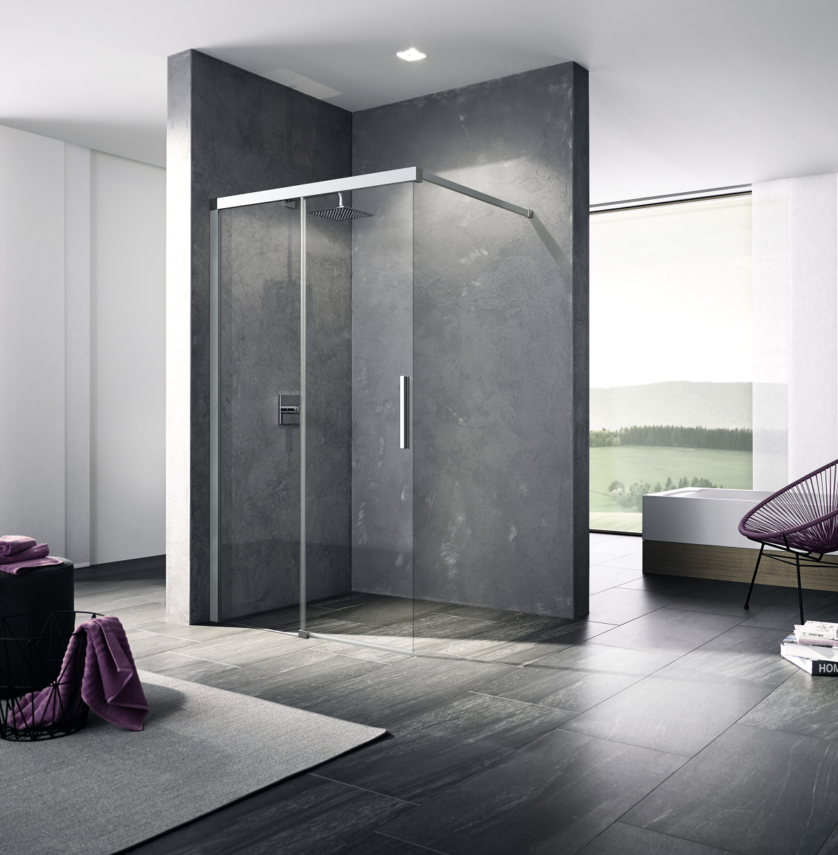 Kermi GleittürWalk-In NICA 150 x 200 cm, schwarz soft, ESG Milchglas SR Opaco Clean, links