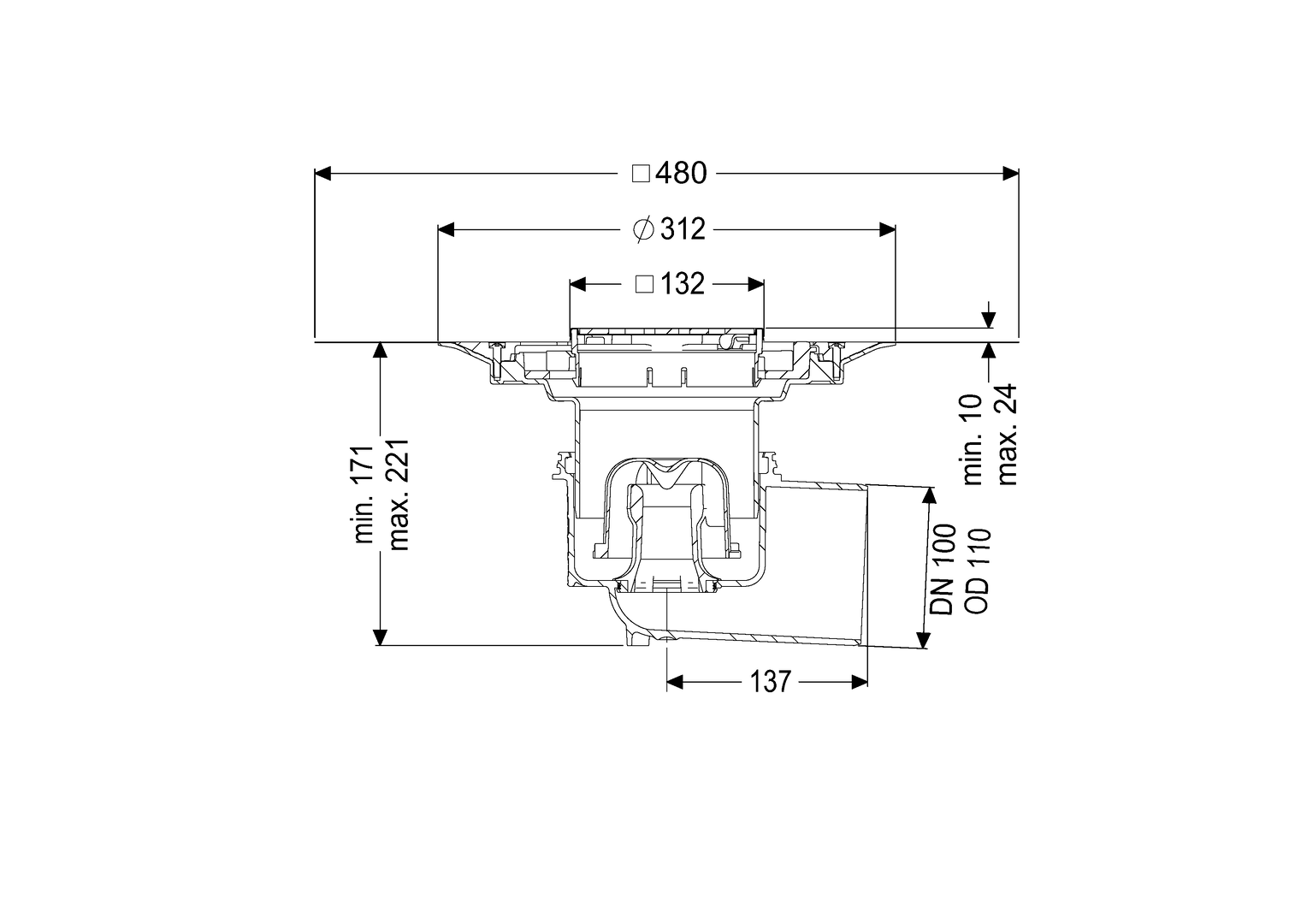 Kessel Bodenablauf Practicus DN/DA 100/110, 148 x 92 mm, Grundkörper, Aufsatzstück mit Designrost