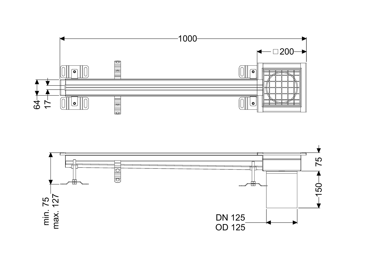 Kessel Schlitzrinne Ferrofix System 125 17x1000x75 mm, außen, Edelstahl, ohne Klebeflansch