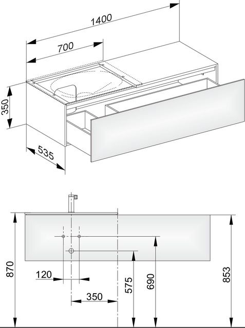 KEUCO Waschtischunterschrank Edition 11 140x35x53,5cm, Frontauszug links Innenbeleuchtung, Furnier Eiche Tabak