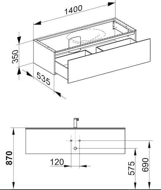 KEUCO Waschtischunterschrank Edition 11 Planning 140x35x53,5cm, 1 Frontauszug, Innenbeleuchtung, Lack Seidenmatt, Glas Trüffel klar