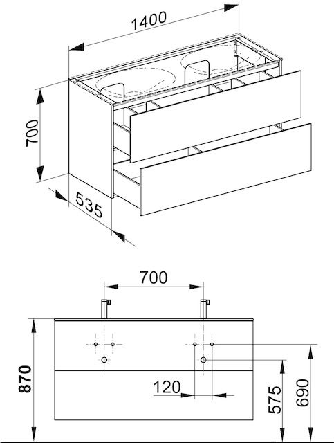 KEUCO Waschtischunterschrank Edition 11 Planning 140x70x53,5cm, 2 Frontauszüge Innenbeleuchtung, Lack Hochglanz Weiß