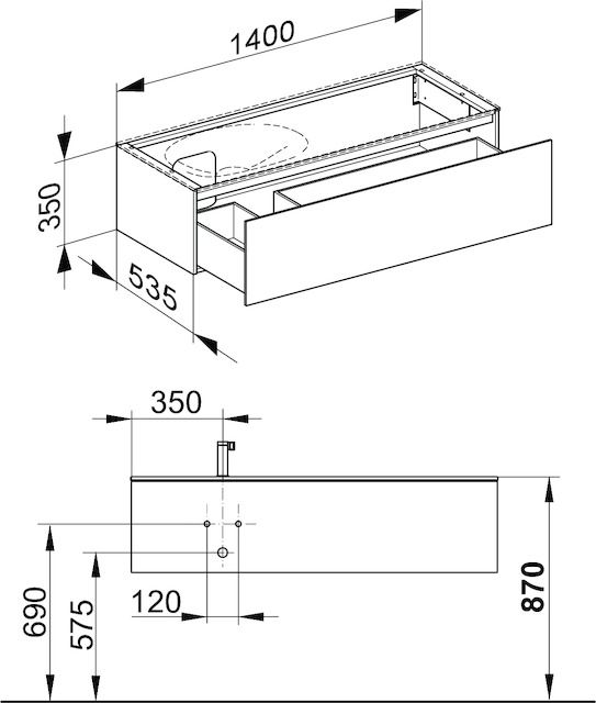 KEUCO Waschtischunterschrank Edition 11 Planning 140x35x53,5cm, 1 Frontauszug, links, Lack Hochglanz Weiß