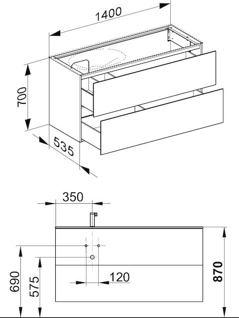KEUCO Waschtischunterschrank Edition 11 Planning 140x70x53,5cm, 2 Frontauszüge, links, Lack Seidenmatt, Glas Weiß