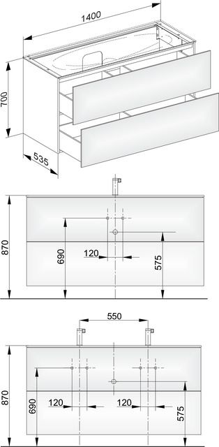 KEUCO Waschtischunterschrank Edition 11 140x70x53,5cm, 2 Frontauszüge, Innenbeleuchtung, Lack Hochglanz Weiß