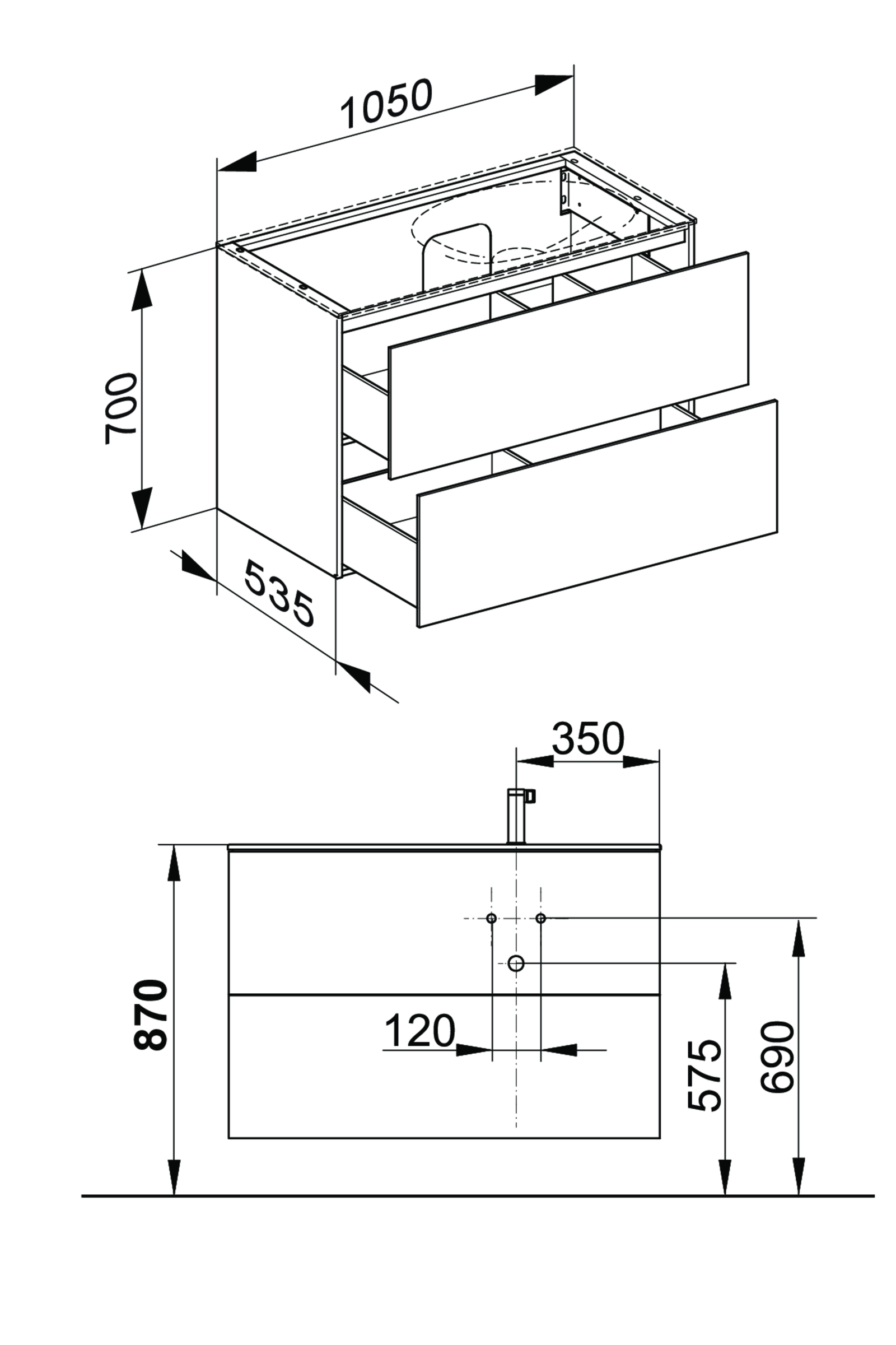 KEUCO Waschtischunterschrank Edition 11 Planning 105x70x53,5cm, 2 Frontauszüge, rechts, Innenbeleuchtung, Lack Seidenmatt, Glas Anthrazit klar
