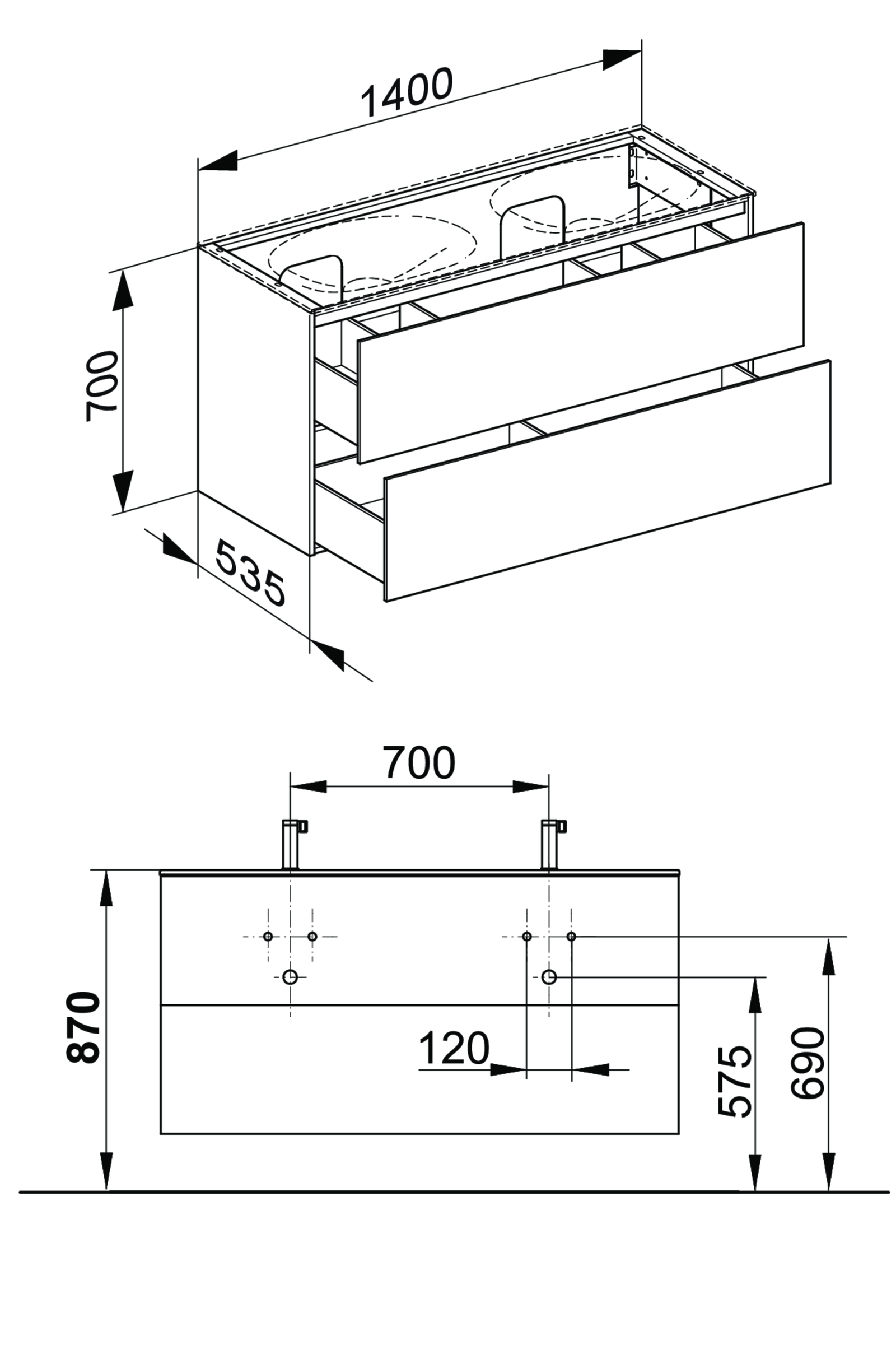 KEUCO Waschtischunterschrank Edition 11 Planning 140x70x53,5cm, 2 Frontauszüge, Strukturlack Anthrazit