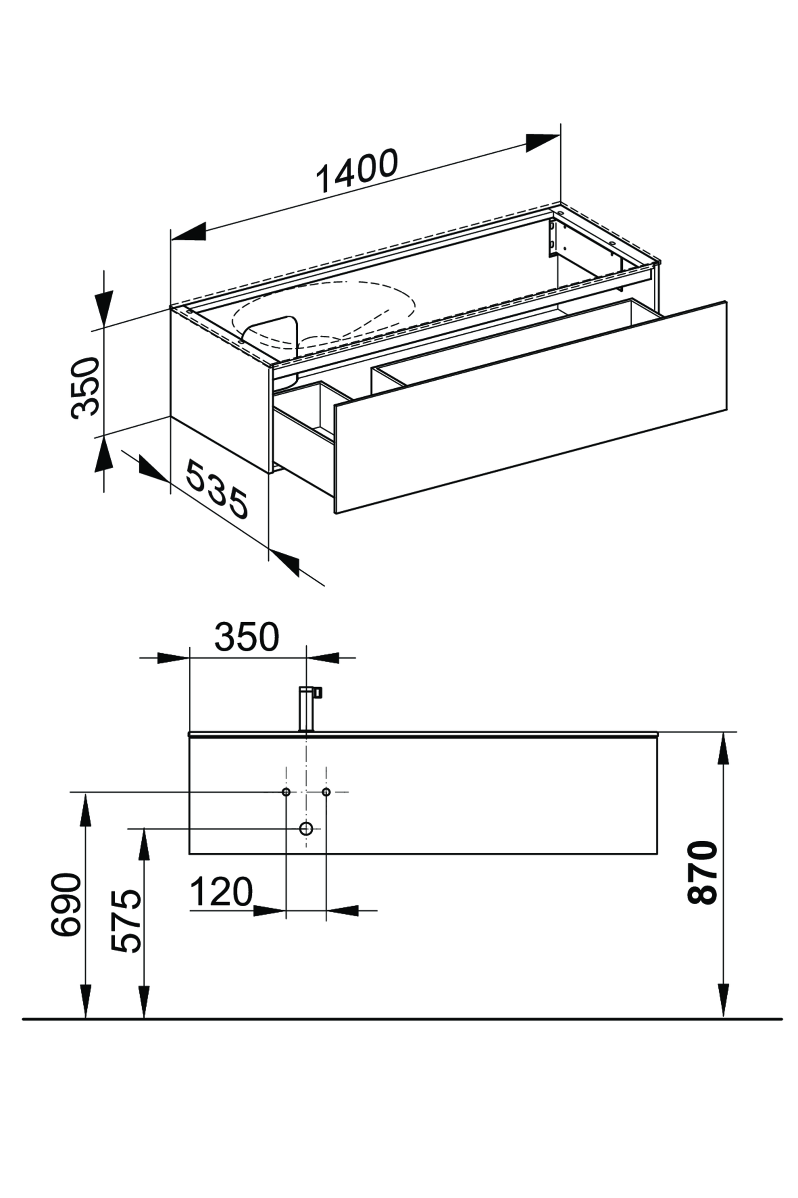 KEUCO Waschtischunterschrank Edition 11 140x35x53,5cm, 1 Frontauszug, links, Weiß hochglanz