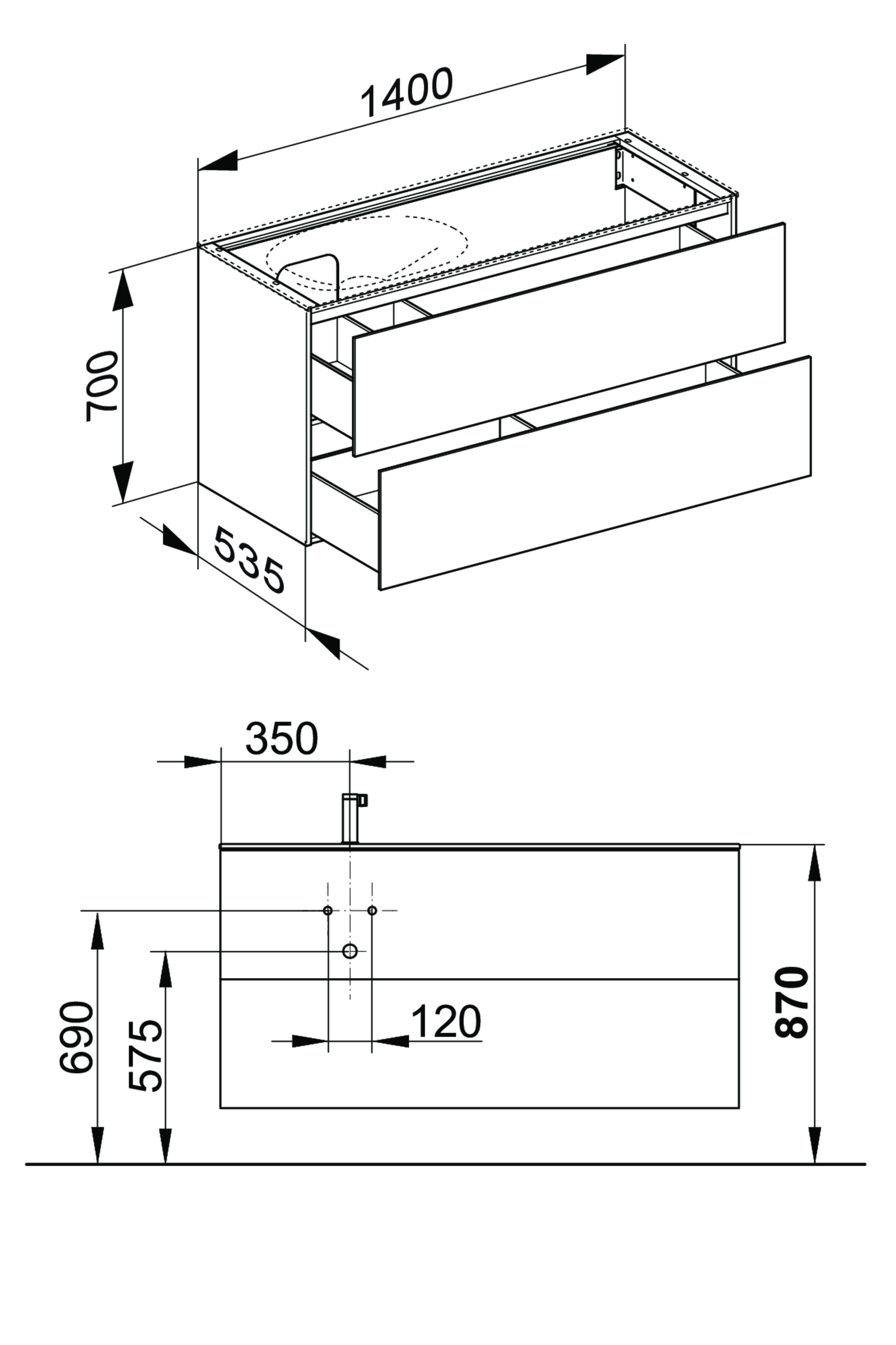 KEUCO Waschtischunterschrank Edition 11 140x70x53,5cm, 2 Frontauszüge, links, Weiß, Glas Weiß