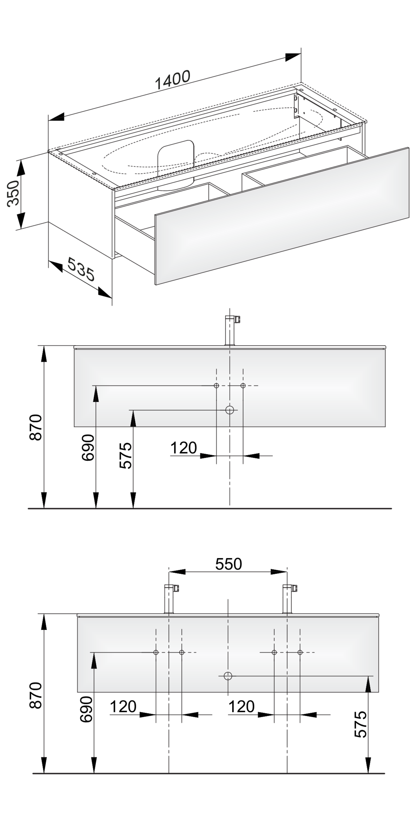 KEUCO Waschtischunterschrank Edition 11 140x35x53,5cm, 1 Frontauszug, Beleuchtung, Cashmere, Glas Cashmere