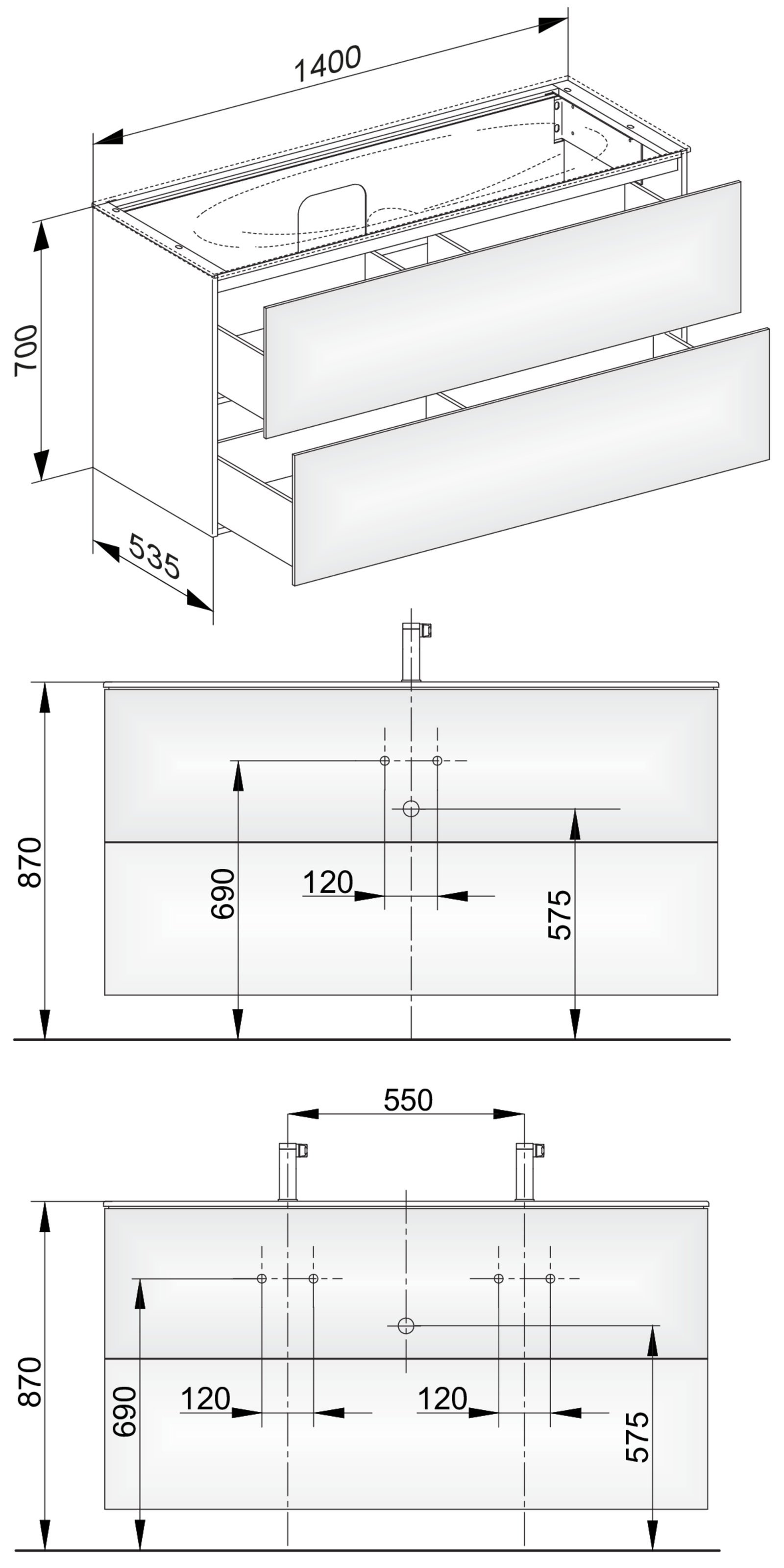 KEUCO Waschtischunterschrank Edition 11 140x70x53,5cm, 2 Frontauszüge, Beleuchtung, Weiß hochglanz