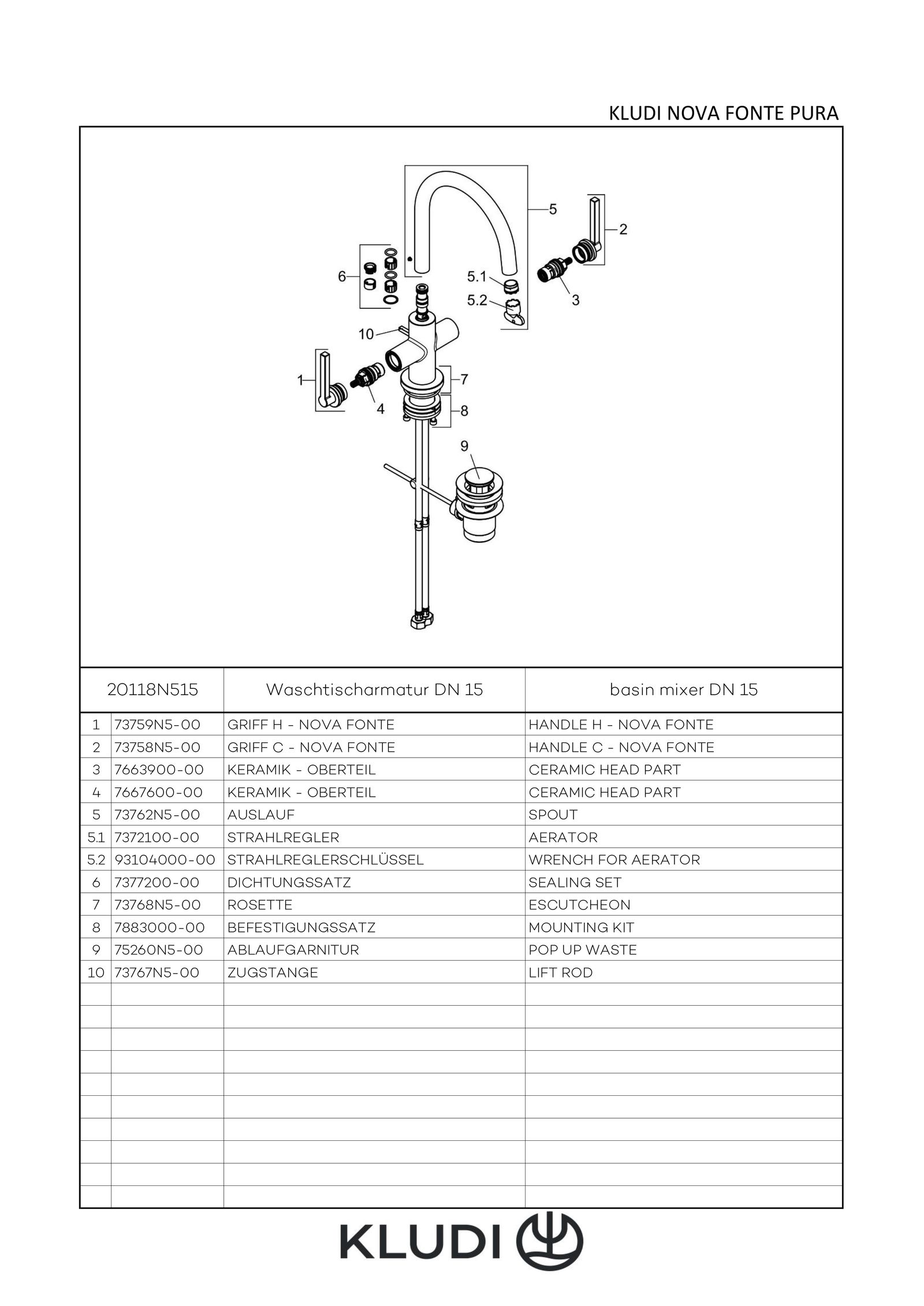 KLUDI Nova Fonte Waschtisch-Zweigriff-Armatur Puristic mit Ablaufgarnitur, stainless brushed nickel