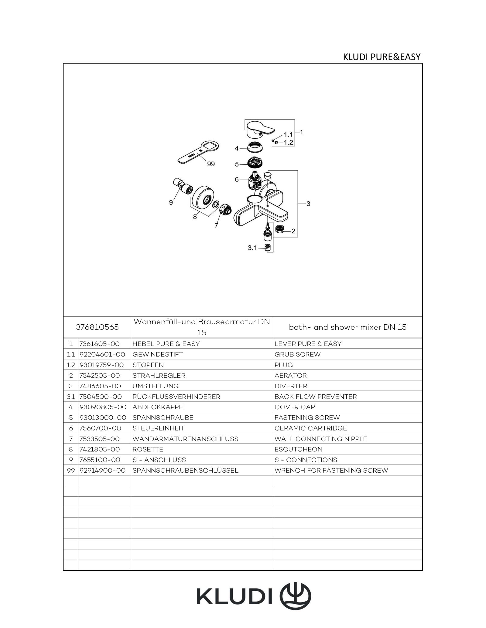 KLUDI PURE&EASY Wannenfüll- und Brause-Einhebelmischer DN 15, Wandmontage, chrom