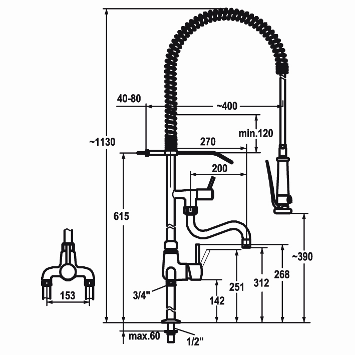 KWC Spültisch-Einhebelmischer GASTRO Ausladung 200 mm, verchromt, Anschluss 130mm, drehbare Federschlauchbrause