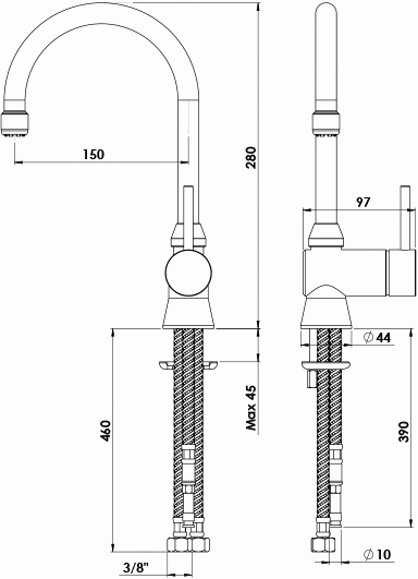 KWC Waschtisch-Einhebelmischer Kuri Basic verchromt, Ausladung 150mm, Niederdruck, Schwenkauslauf 360 GradC