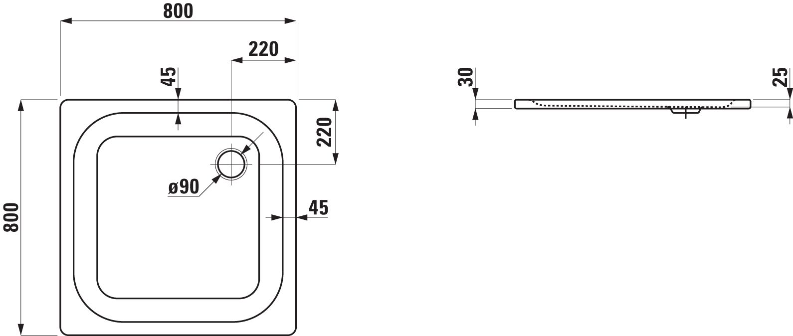 Laufen Duschwanne PLATINA quadratisch, Stahl, 80 x 80 x 2,5 cm, weiß Antislip