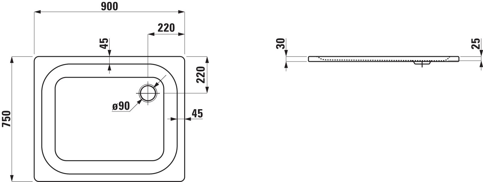 Laufen Duschwanne PLATINA rechteckig, aus Stahl, 90 x 75 x 2,5 cm, weiß Antislip