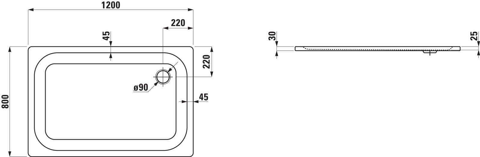 Laufen Duschwanne PLATINA rechteckig, aus Stahl, 120 x 80 x 2,5 cm, weiß Antislip