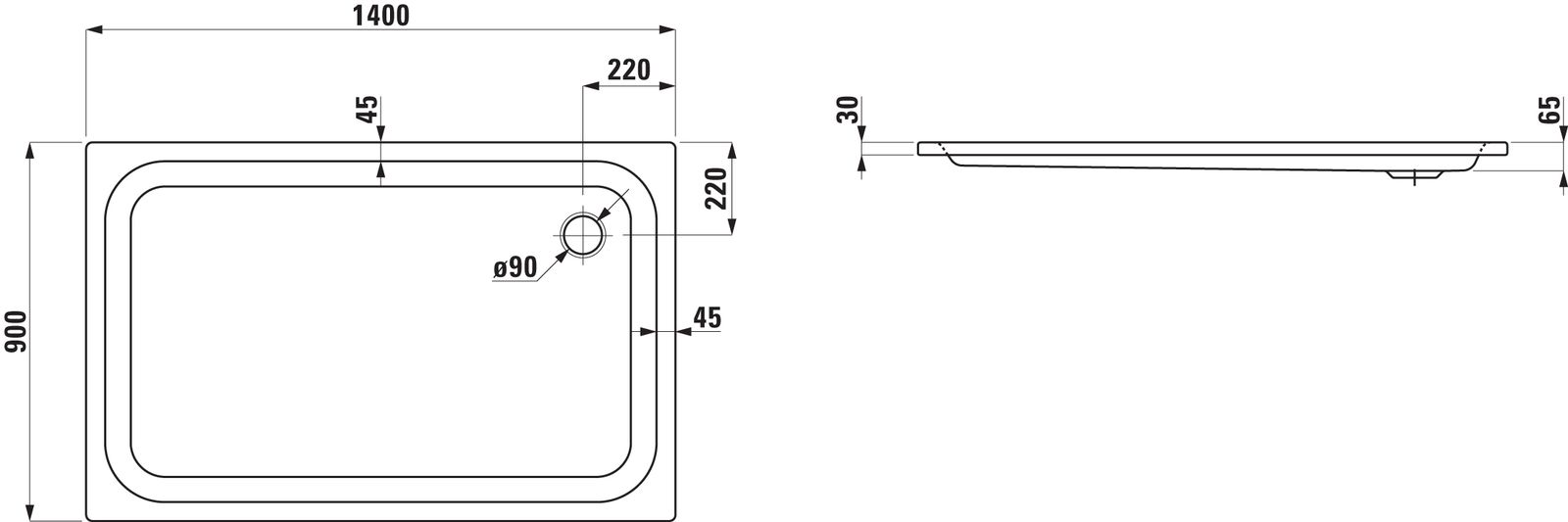 Laufen Duschwanne PLATINA rechteckig, aus Stahl, 140 x 90 x 6,5 cm, weiß Antislip