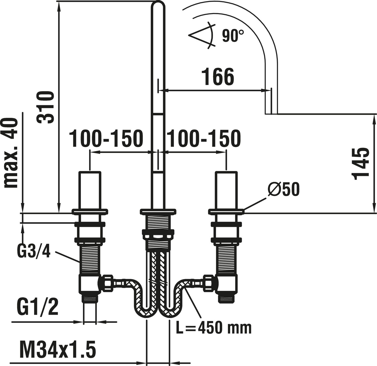 Laufen Waschtisch-3-Loch-Armatur KARTELL Ausladung 166mm, ohne Ablaufventil, Chrom