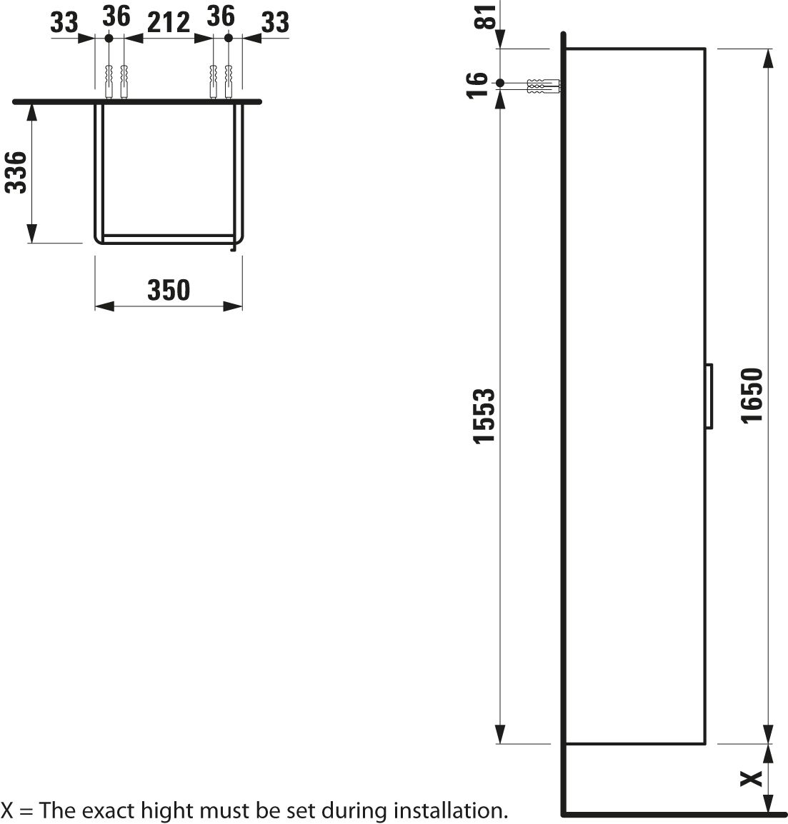 Laufen Hochschrank BASE für VAL 165x35x33,5cm, Scharnier links, verkehrsgrau