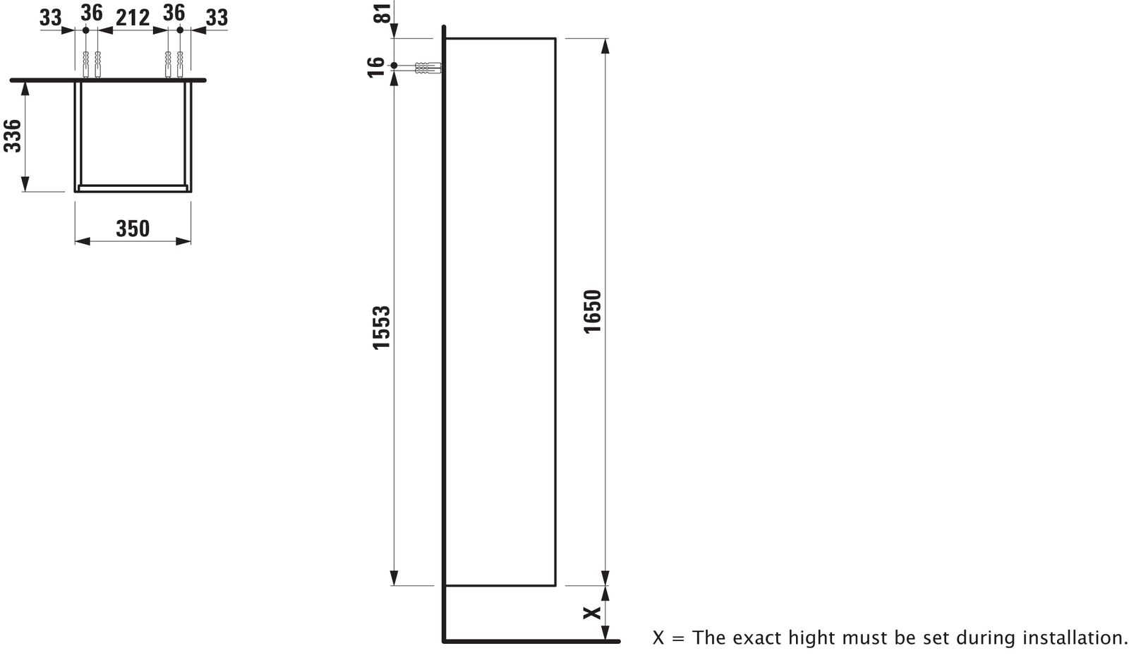 Laufen Hochschrank BASE Pro S + Val 165x35x33,5cm, Scharnier links, verkehrsgrau