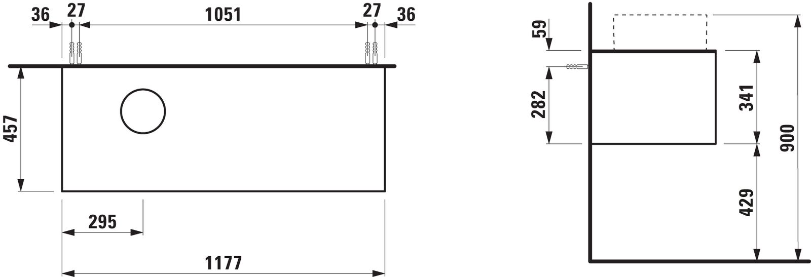 Laufen Schubladenelement/Sideboard SONAR 117,5x34x45,5cm, Ausschnitt links, Weiß matt/Nero Marquina