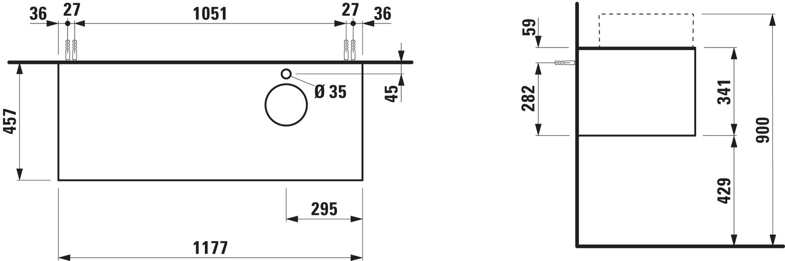 Laufen Schubladenelement/Sideboard SONAR 117,5x34x45,5cm, Ausschnitt rechts, mit Hahnloch, Weiß matt/Nero Marquina