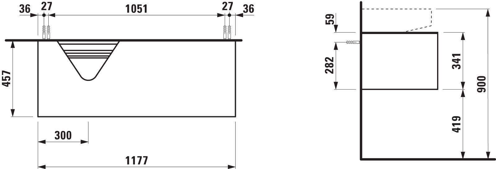 Laufen Schubladenelement/Sideboard SONAR 117,5x34x45,5cm, Ausschnitt links, Weiß matt/Nero Marquina