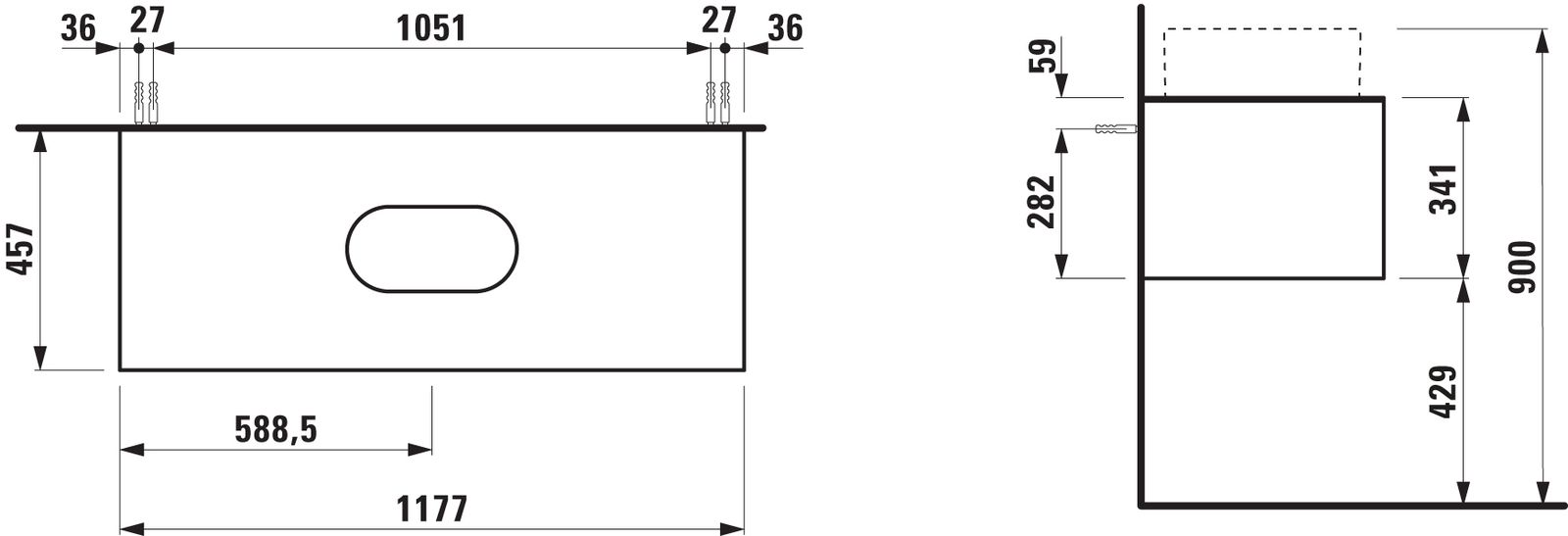 Laufen Schubladenelement/Sideboard SONAR 117,5x34x45,5cm, Ausschnitt Mitte, Doppelwaschtisch, Weiß matt