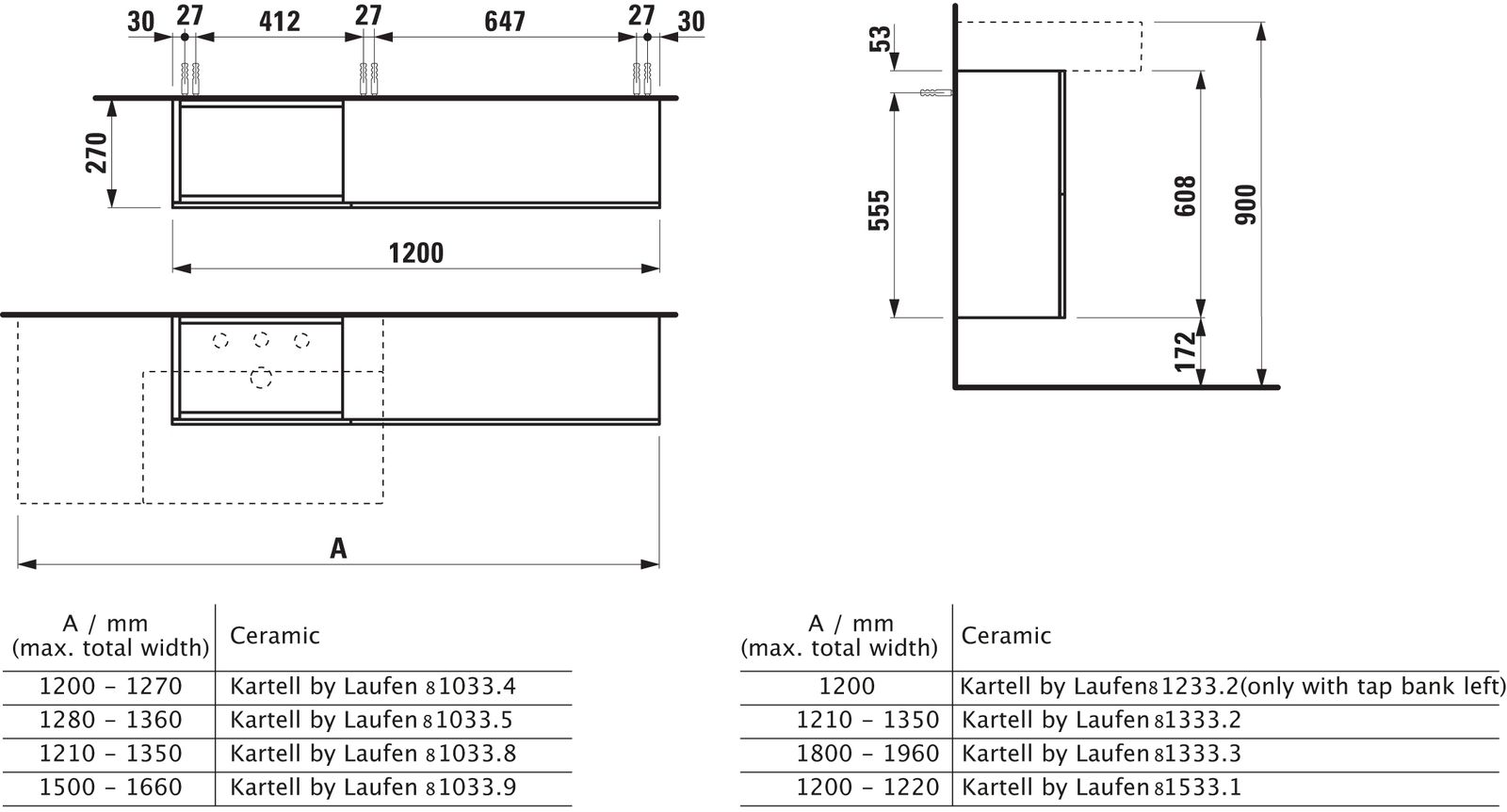 Laufen Waschtisch-Unterschrank KARTELL 120x61x27cm, Ausschnitt links, ockerbraun
