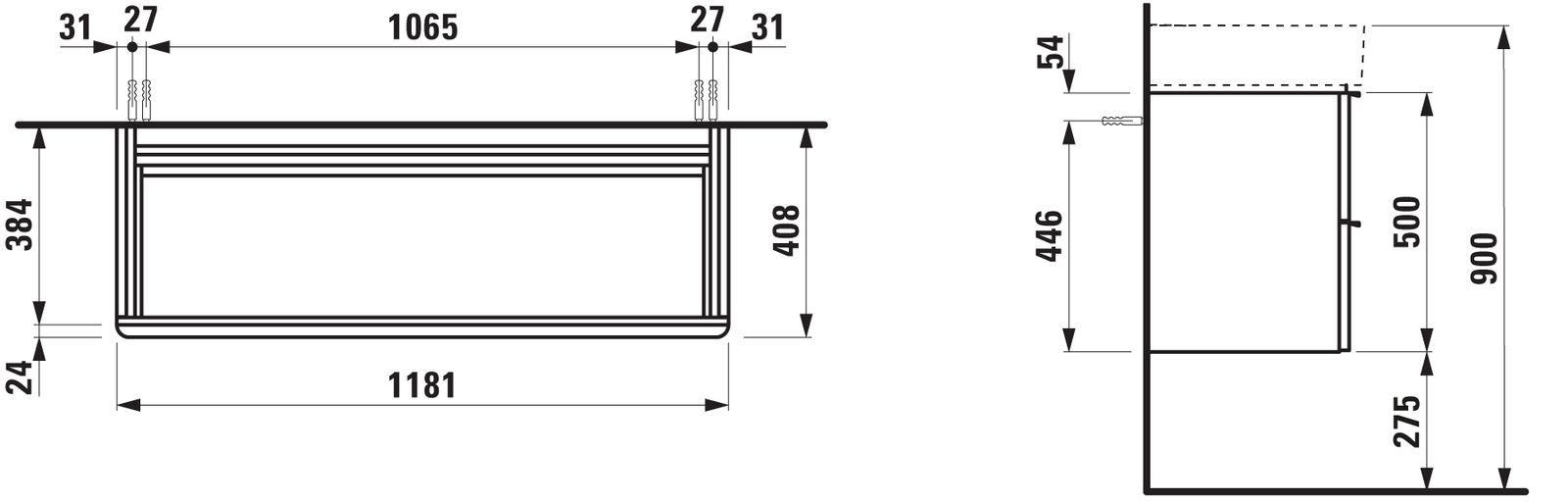 Laufen Waschtischunterschrank SPACE 118,5 x 52 x 41 cm, mit 2 Schubladen, Ulme dunkel