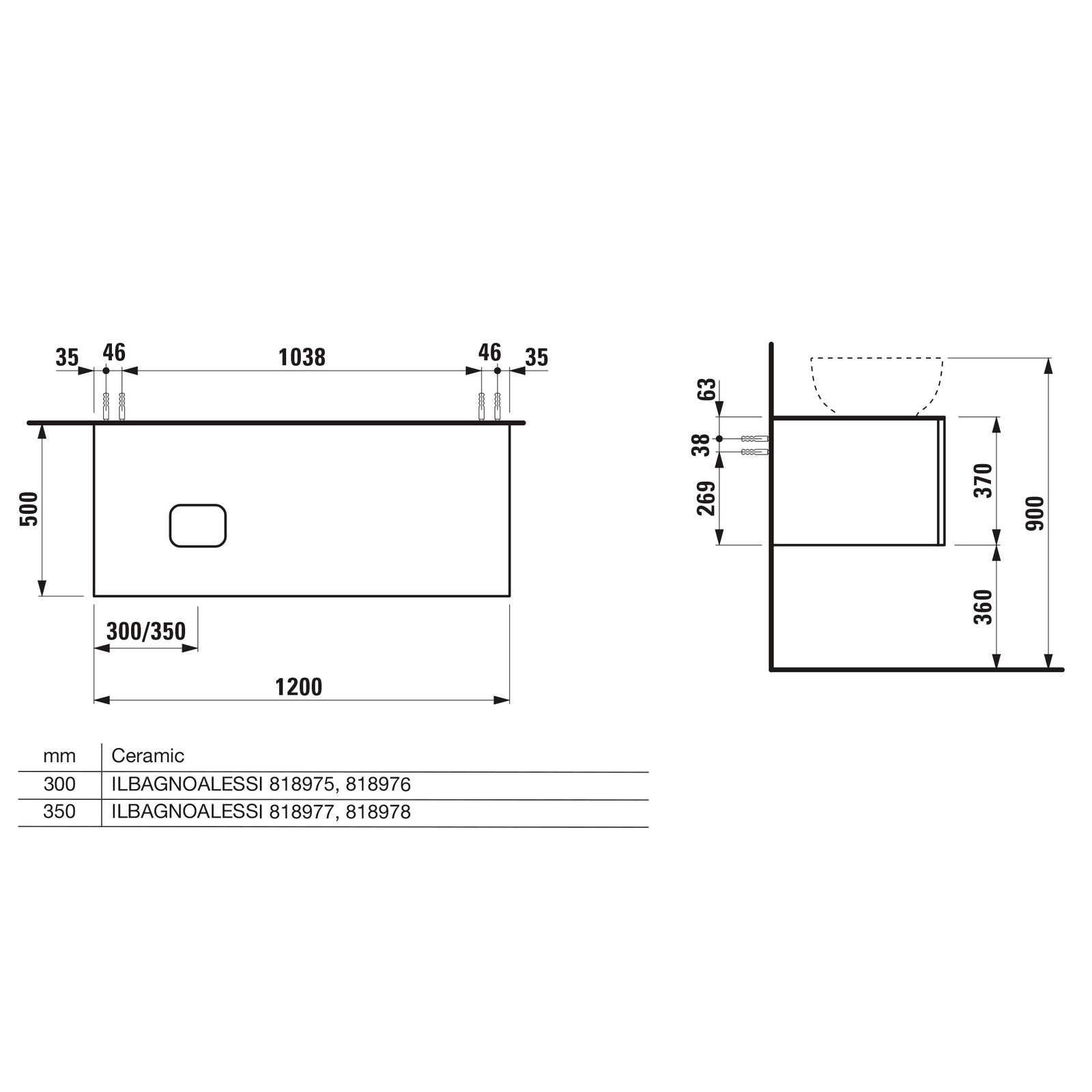 Laufen Schubladenelement ILBAGNOALESSI Ausschnitt links, mit Steinplatte, B 1200 x H 370 x T 500 cm, Multicolor