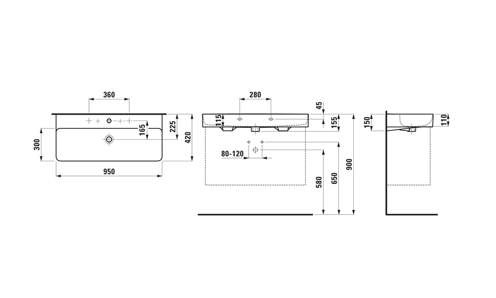 Laufen Waschtisch VAL 95x42cm, unterbaufähig, mit Überlauf, mit 3 Hahnloch, weiß LCC