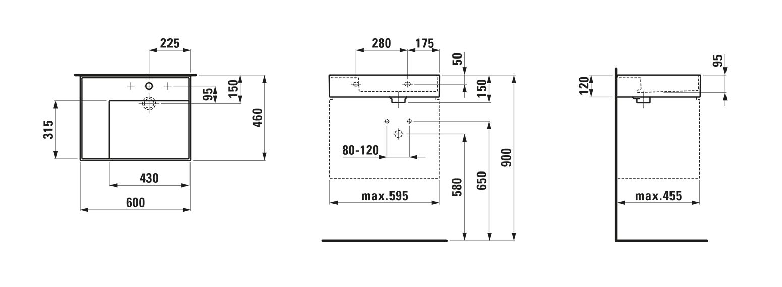 Laufen Waschtisch KARTELL 60x46cm, Ablage links, ohne Überlauf, ohne Hahnloch, graphit matt