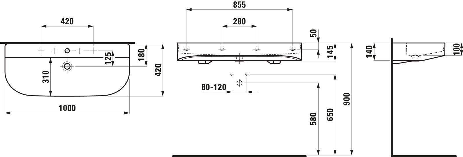 Laufen Waschtisch SONAR 100x42cm, unterbaufähig, ohne Überlauf, 2 Hahnlöcher, weiß LCC